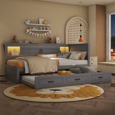 REDOM Bedframe 90x200 cm – Daybed met uitschuifbed, LED-verlichting & USB – Spaanplaat/MDF – Grijs