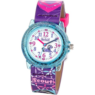 Scout Kinderuhr analog zur Serie Heartbeat und Pony Love lila pinkem Kunstlederband, Pferde-Motiven und Dornschließe