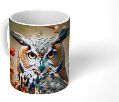 Mok - Koffiemok - Uil - Vogel - Bloemen - Planten - Botanisch - Mokken - 350 ML - Beker - Koffiemokken - Theemok