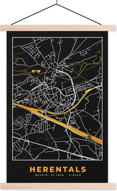 Posterhanger incl. Poster 40x60 cm - Schoolplaat - Stadskaart - Plattegrond - Kaart - Goud - Herentals - Textielposter - Blanke latten - Stadskaart