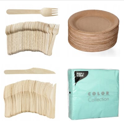 400 x stuks x Houten wegwerp bestek set bio/eco/milieubewust - 100 Vorken/ 100 messen/100 borden + 100 bio servetten munt 33x33cm