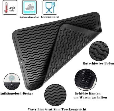 Afdruipmat, siliconen afdruipmat, servies, 2 stuks, 40 cm x 30 cm, hittebestendig en antislip, voor het opbergen van bestek en servies, siliconenmat, zwart, groot