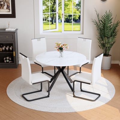 Set Tafel En Stoelen - Ronde Eettafel Met Marmereffect En 2 Stoelen - Voor Eetkamer En Keuken - Metaal En Hout - Wit