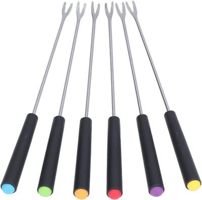 Set van 6 RVS Fondue Vorken met Kleurcodering - 9,1 Inch, Hittebestendige Handgreep voor Kaas, Chocolade en Vlees Fondue