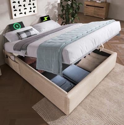 MIVRAY Gestoffeerd Bed 160x200 cm - Tweepersoonsbed met USB C en Hydraulische Opbergruimte - Zonder Matras - Linnen - Beige Naturel
