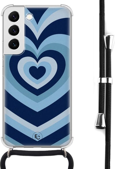 Hoesje met koord geschikt voor Samsung Galaxy S22 - Hart blauw - Inclusief koord - Crossbody beschermhoes - Transparant, Blauw - ELLECHIQ