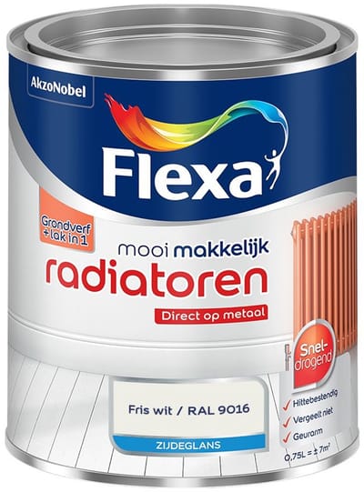 Flexa - Mooi Makkelijk Radiatoren Zijdeglans - Fris Wit / Ral 9016 - Mengverf - 750 Ml
