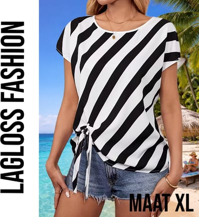 LaGloss® Zwart-Wit Gestreepte Semi-Transparante Dames Top met Strikdetails – Korte Mouw Top - Lente/Zomer/Herfst - Maat XL