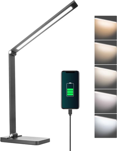 SAVI® Bureaulamp led dimbaar daglicht - USB oplaadbaar - 5 kleurenfuncties - Zwart - 11cm x 18cm x 38cm