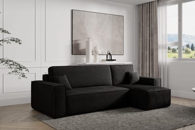 Hoekbank Frenkie - Universeel - Ribstof - Zwart - Slaapbank met opbergruimte - Lounge Links of Rechts - Direct Leverbaar - Hoekzetel - Chaise longue - Zetel met slaapgedeelte - 3 zits - Zitcomfort Medium