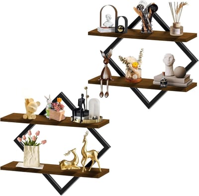 Zwevende wandplanken, hout en metaal, vintage hangrek, industriële stijl, voor woonkamer, keuken, slaapkamer, badkamer en kantoor, rustiek wandrek voor opslag (bruin)