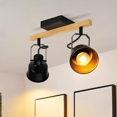 Vintage plafondspot met 2 vlammen in zwart - Rotatable 350° MAX 25W E14 fitting voor woonkamer, slaapkamer en kantoor met industriële houtlook