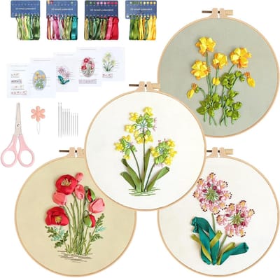 JGS Premium - Borduurset voor beginners met bloemenpatronen - 4-delige borduurset inclusief borduurframe en handleiding - Volwassenen kruissteekset voor DIY kunstprojecten