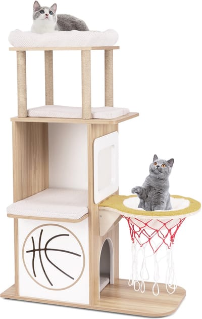 COSTWAY Krabpaal van hout, 120 cm, kattenboom met hangmat in basketbalkorf-stijl, kattenhuis met 2 verdiepingen en 2 platforms en kussens, kattenkrabpaal klein, klimboom, kattenmeubels, natuur