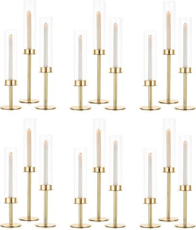 Gouden Kandelaars Set - Kaarsenstandaards Hoog - Tafeldecoratie Aankleden - Met Glazen Windkap - 18 Stuks 48cm - Goudkleurig