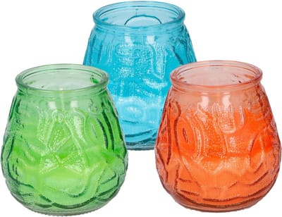 Arti Casa 6x stuks Citronella Lowboy tafelkaarsen 10 cm blauw-oranje-groen glas