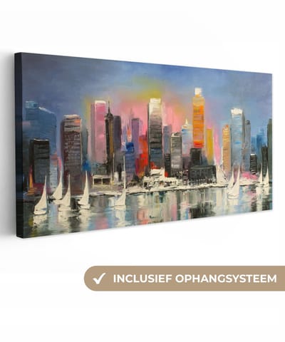 Canvas - Olieverf - Schilderij - Skyline - Boot - Water - Muurdecoratie - 40x20 cm - Wanddecoratie - schilderijen op canvas