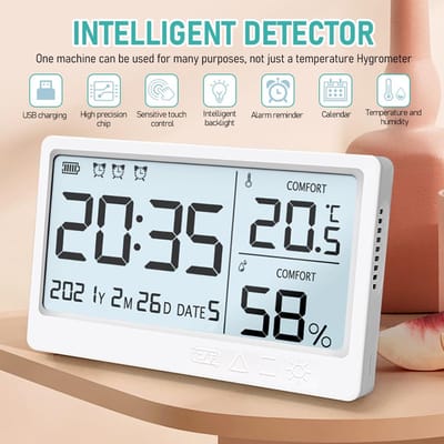 Crrynuo - Digitale Thermometer en Hygrometer - LCD-scherm- 8-in-1 Functies - USB Oplaadbaar - Met Wekker en Kalenderfuncties - Staand of Op Muur Bevestigbaar