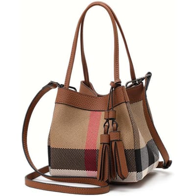 Nieuwe Echte Lederen Canvas One-shoulder Crossbody Dames Tas Bucket Kleine Tas brown