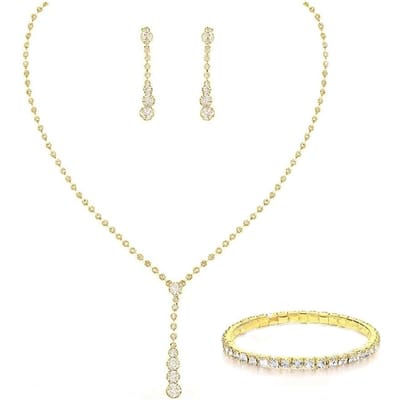 Eenvoudige strass ketting met franjes, bruids strass ketting, set knopoorbellen, driedelige bruiloftaccessoires beige