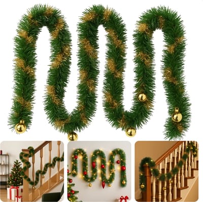 Cheqo® Kerstslinger 270 CM - Guirlande - Kerstdecoratie Groen Goud - Goudkleurige Decoratie - Kerstversiering - Groene Decoratie - Gouden Accenten - Feestelijke Decoratie - Winterdecoratie - Kerst Slinger - Kerstversiering Groen