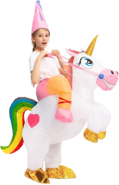 KIMU® Opblaas Kostuum Kinderen Zittend Op Eenhoorn - Maat 122 128 134 140 146 152 - Opblaasbaar Pak - Eenhoornpak Mascotte Opblaaspak - Opblaasbare Unicorn Festival