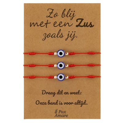 Vriendschapsarmbandjes voor 3 "Zo blij met een zus zoals jij" - Evil Eye - Sisters Armbandjes met Cadeau Kaartje - Rood Oogje - Elastisch Verstelbaar - Pax Amare