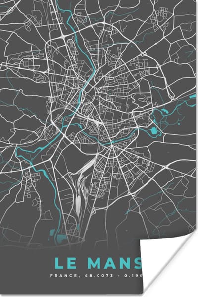 Poster Le Mans - Plattegrond - Kaart - Stadskaart - Frankrijk - 120x180 cm XXL