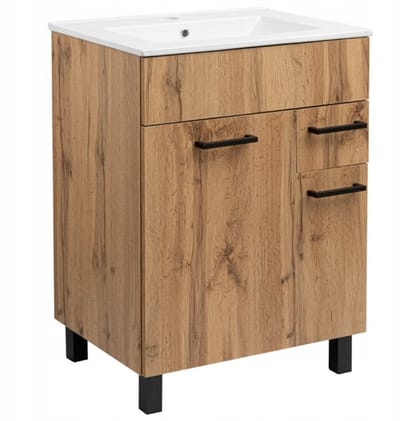 STAMAR - Badkamerkast 59,9cm met Wastafel + Zwarte poten - Badkamermeubel - Eik Wotan