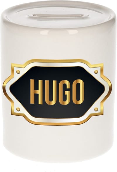 Spaarpot met voornaam Hugo - wit - met goud/zwart embleem - 8 x 9 cm - keramiek - met afsluitdop - cadeau verjaardag