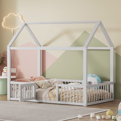 Wishdor Montessori Huisbed 90x200 cm - Kinderbed met Deurtje & Veiligheidshek - Laag Vloerbed - Massief Hout - Wit