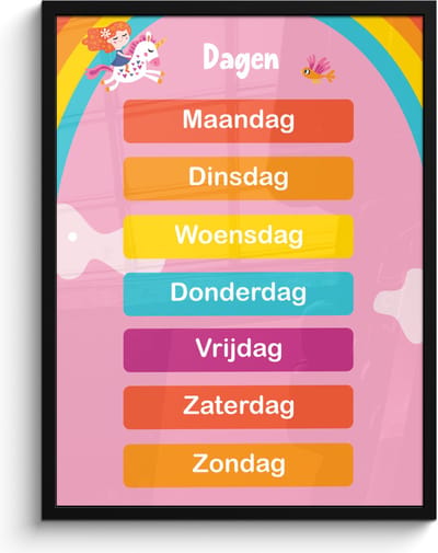Poster in lijst - Fotolijst 60x80 cm - Posters - Dagen van de week - Educatief - Leren voor kinderen - Roze - Posterlijst zwart - Kamer decoratie - Wanddecoratie kinderkamer - Muurdecoratie babykamer