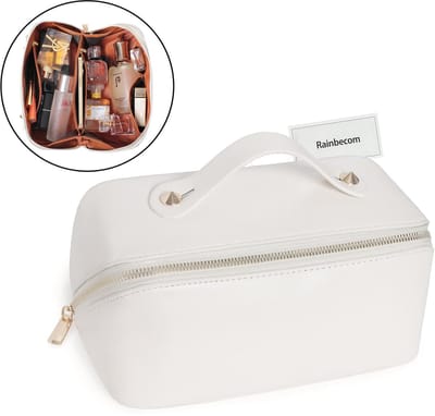 Rainbecom - Make-uptas Dames – Grote Capaciteit Toilettassen – Lay-flat Luxe PU Toilettas – Wit – Reistas Cosmetica Tas – Reistoilettas - Cadeau