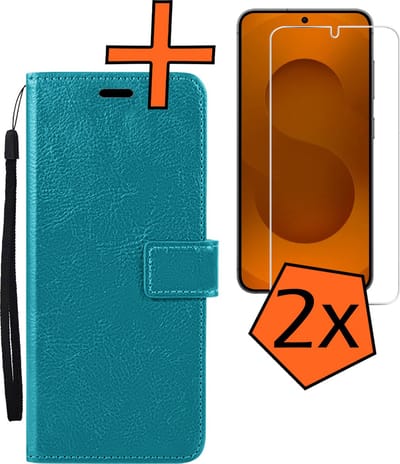 Hoes - Met 2x Screenprotector - Geschikt voor Samsung Galaxy S25 - Luxe Pasjeshouder - Bookcase Portemonee - Flip Case - Kunstleer Book Case - Flipcase Hoes - Book Cover - Walletcase - PortemonneeHoes - Turquoise