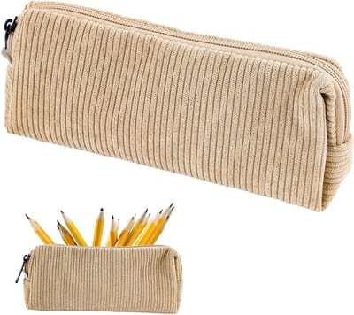 Kleine Corduroy Etui voor Volwassenen en Tieners - Met Rits, Cosmetica Organizer - Lichtgeel, Klassiek, Perfect voor School en Reizen