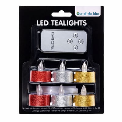 LED Theelichtjes met Afstandsbediening – Set van 6 – Rood, Zilver & Goud Glitter – Met Timer (4H/8H) – Inclusief Remote Control