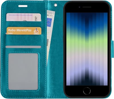 Hoes - Met Pasjeshouder - Geschikt voor Apple iPhone SE (2022) - Luxe Bookcase Portemonee - Flip Case - Kunstleer Book Case - Flipcase - Book Cover - Walletcase - PortemonneeHoes - Turquoise
