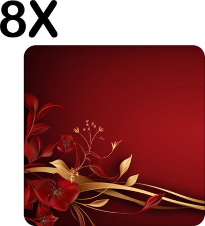 Luxe Placemat - Gouden en Rode Bloemen - Lint - Set van 8 Placemats - 50x50 cm - 2 mm dik Vinyl - Anti Slip - Afneembaar