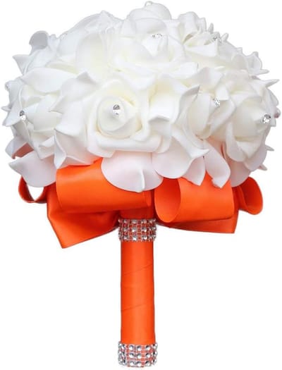 Bruidsboeket - Bruidsbloemen Rozenboeket - Bruiloft Aankleden - Handgemaakt Decoratief - 25 cm lang 21 cm diameter - Oranje