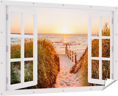 Gards Tuinposter Doorkijk Voetpad in de Duinen met Zonsondergang - 180x120 cm - Tuindoek - Tuindecoratie - Wanddecoratie buiten - Tuinschilderij