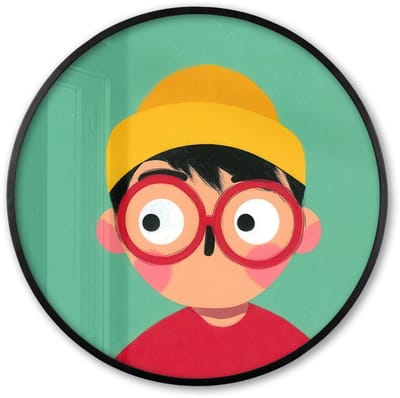Poster in lijst Rond - Fotolijst 60x60 cm - Posters - Jongen - Cartoon - Bril - Muts - Ronde posterlijst zwart - Decoratie - Wanddecoratie woonkamer - Muurdecoratie slaapkamer