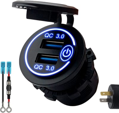 ProRide 12V USB Stopcontact 2 Poorten Inbouw met Schakelaar - QC3.0 - PUSB1QC-B - met Aansluitkabel 60cm en Glaszekering 10A - Blauw