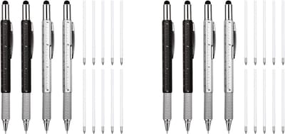Multitool Pen - Gereedschap Pen - Dagelijks Gebruik - 6-in-1 Functionaliteit - 8 Stuks - Zwart en Zilver