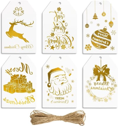 Kerst Kraft Cadeaulabels, 60 Stuks met 6 Ontwerpen, Witte en Gouden Papieren Labels met Jute Touw voor Cadeauverpakking en Kerstdecoratie