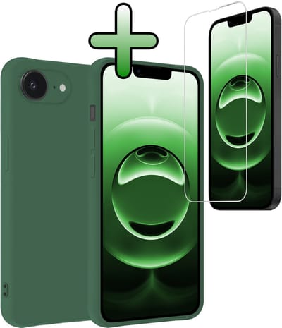 Hoesje Met Screenprotector - Geschikt voor Apple iPhone 16e - Sterk & Shockproof - Back Cover - Siliconen Case - Telefoon Hoes - Donkergroen