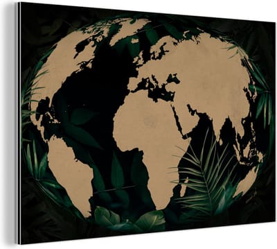 Aluminium schilderij 150x100 cm - Wanddecoratie metaal - Wereldkaart - Wereldbol - Planten - Metalen muurdecoratie woonkamer - Decoratie industrieel - Foto op dibond - Industriële accessoires slaapkamer