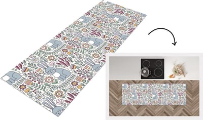 Keukenloper - Loper keuken - Konijn - Bloemen - regenboog - Kinderen - Design - 150x50 cm - Keukenloper vinyl