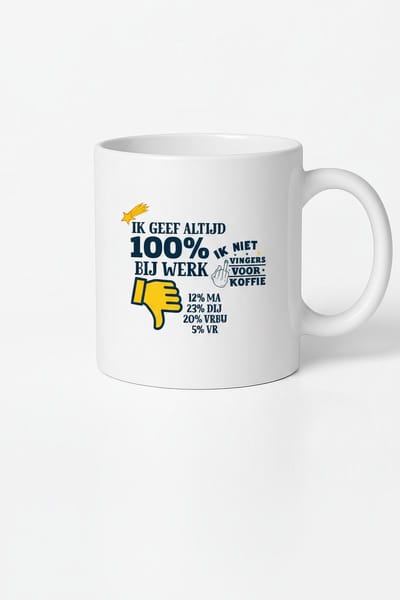 Ik Geef Altijd 100% Bij Werk Koffiemok 330ml – Witte Keramische Mok met Grappige Nederlandse Werk Quote – Humoristisch Cadeau voor Collega’s