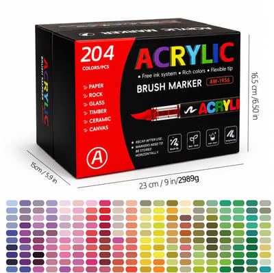 Acrylmarkers - 204 kleuren A-set - inkt op waterbasis en 1-6 mm nylon punt - voor tekenen en DIY - geschenkdoos