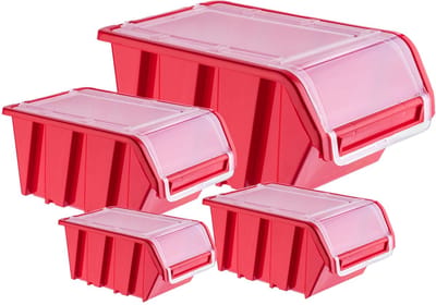 KADAX Stapelkist met deksel, opbergbox van PP-kunststof, opbergbox in verschillende maten en kleuren, opbergdozen met klep voor gereedschapswand (rood, 1 stuk, 490 x 298 mm)